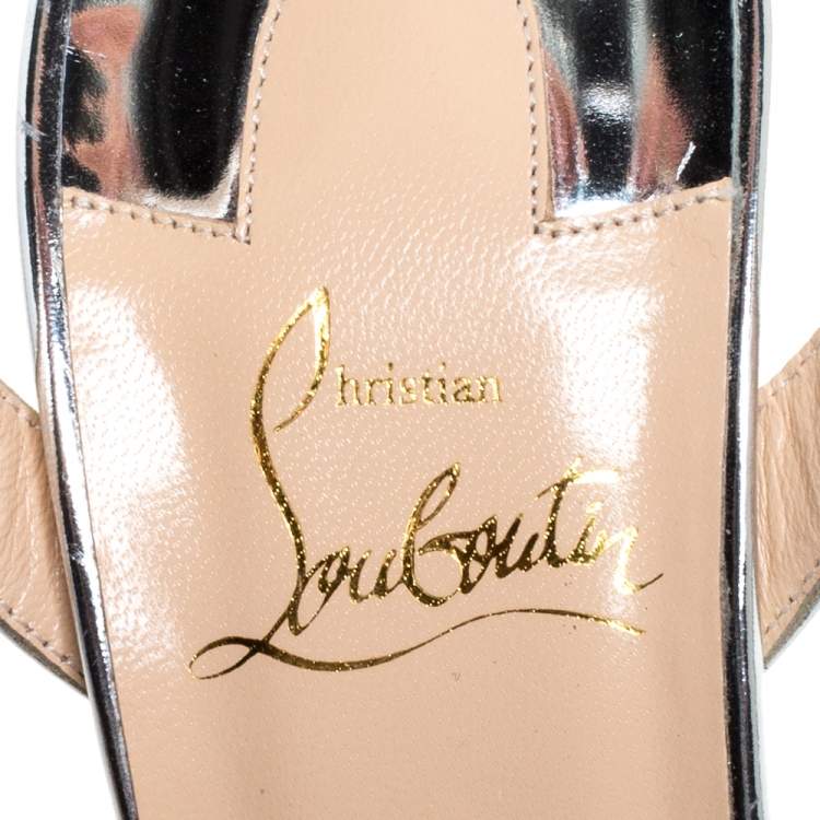 Pre Owned Christian Louboutin Metallic Silver Lame Fabric And Leather Embellished Okydok Ankle Strap Sandals Size 37