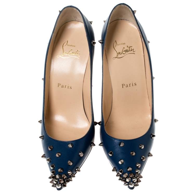 Pre Owned Christian Louboutin Blue Leather Degraspike Pointed Toe Pumps Size 35