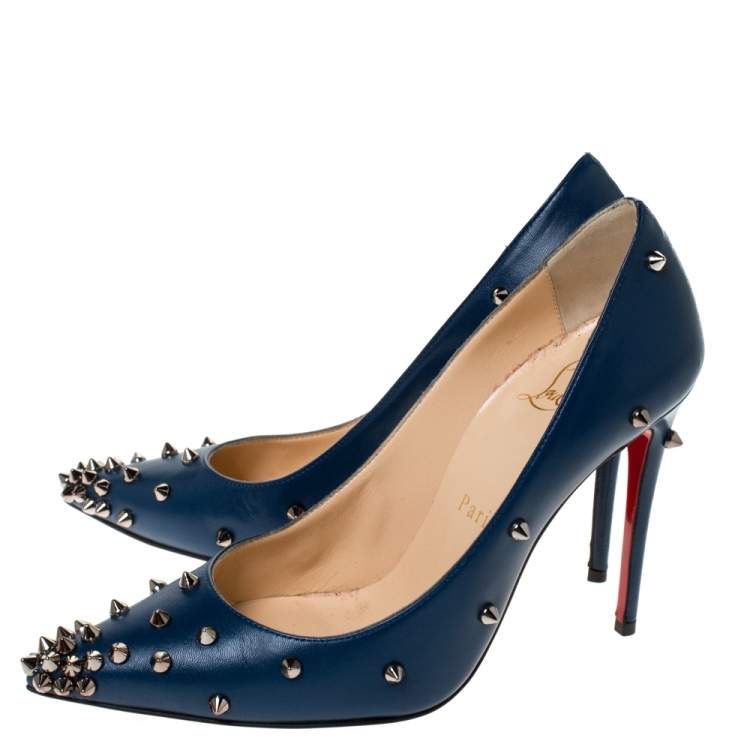 Pre Owned Christian Louboutin Blue Leather Degraspike Pointed Toe Pumps Size 35