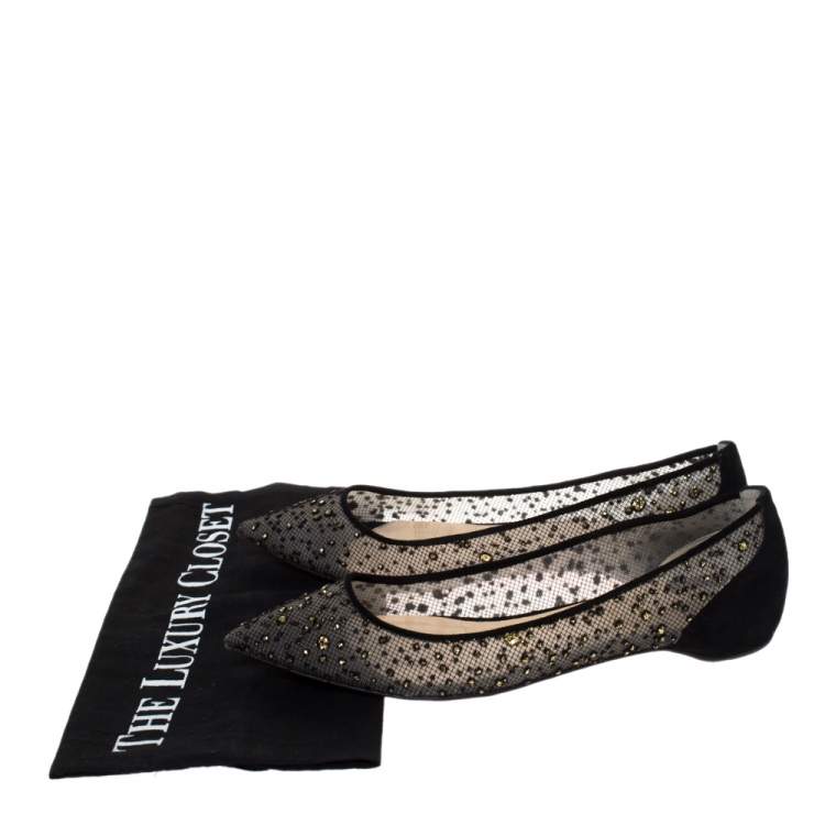 Pre Owned Christian Louboutin Black Mesh And Suede Follies Strass Ballet Flats Size 36