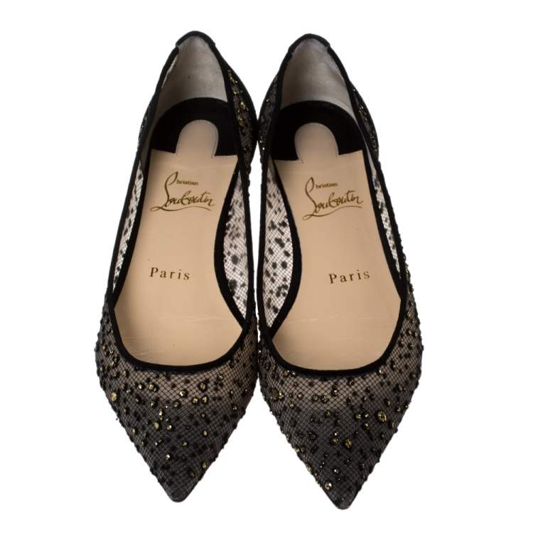 Pre Owned Christian Louboutin Black Mesh And Suede Follies Strass Ballet Flats Size 36