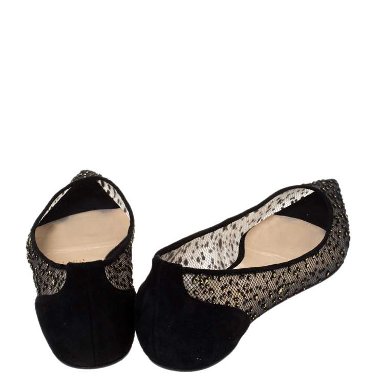 Pre Owned Christian Louboutin Black Mesh And Suede Follies Strass Ballet Flats Size 36