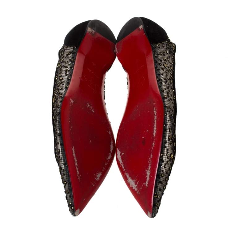 Pre Owned Christian Louboutin Black Mesh And Suede Follies Strass Ballet Flats Size 36