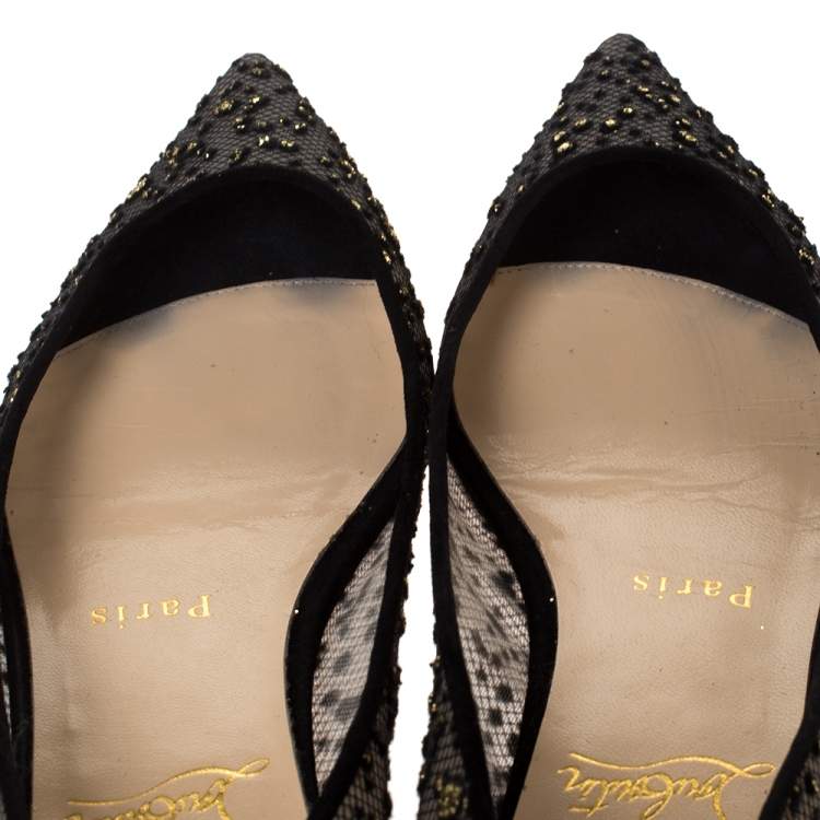 Pre Owned Christian Louboutin Black Mesh And Suede Follies Strass Ballet Flats Size 36