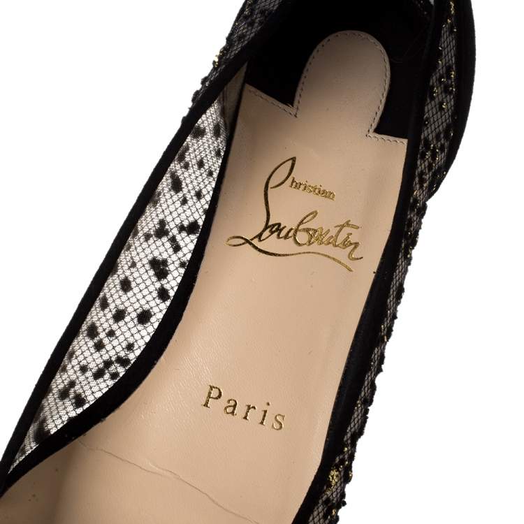 Pre Owned Christian Louboutin Black Mesh And Suede Follies Strass Ballet Flats Size 36