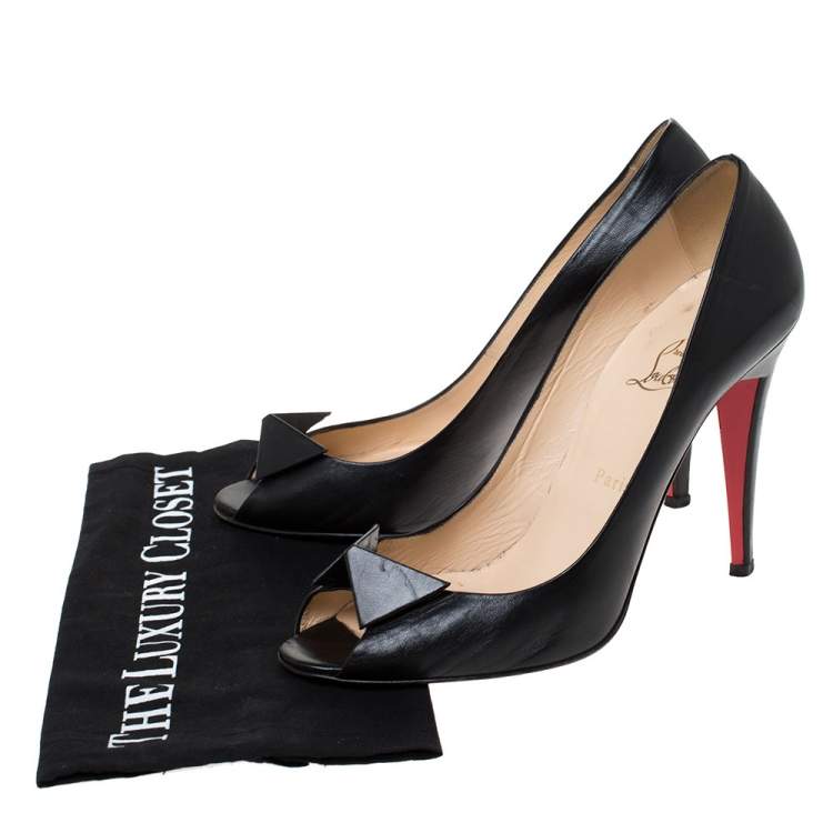 Pre Owned Christian Louboutin Black Leather Bow Peep Toe Pumps Size 41