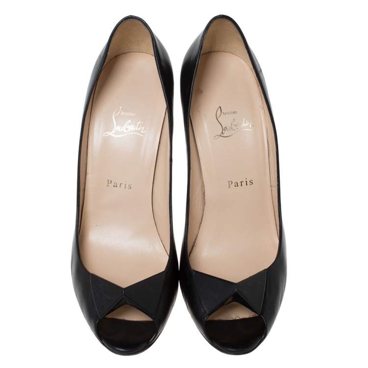 Pre Owned Christian Louboutin Black Leather Bow Peep Toe Pumps Size 41