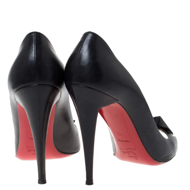 Pre Owned Christian Louboutin Black Leather Bow Peep Toe Pumps Size 41