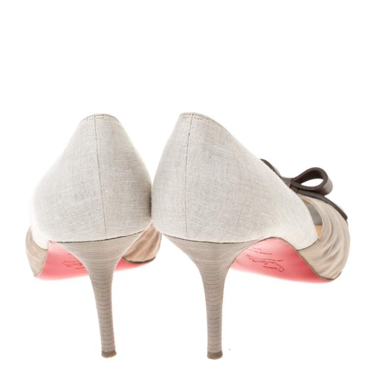 Pre Owned Christian Louboutin Beige Suede Leather And Fabric Lady Turner 90 D'Orsay Pumps Size 39.5