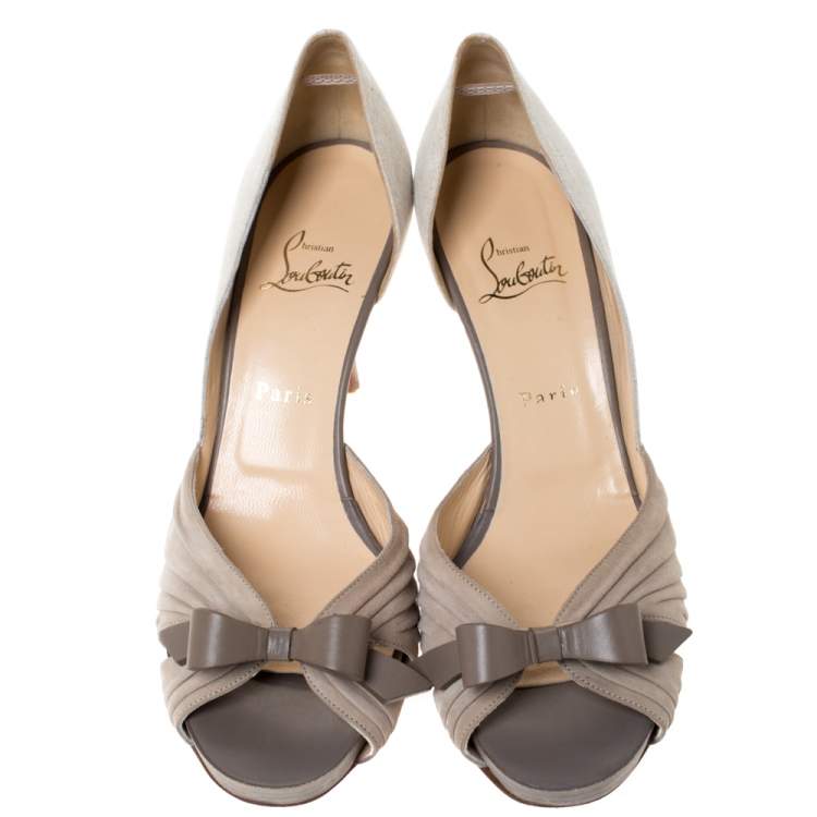 Pre Owned Christian Louboutin Beige Suede Leather And Fabric Lady Turner 90 D'Orsay Pumps Size 39.5