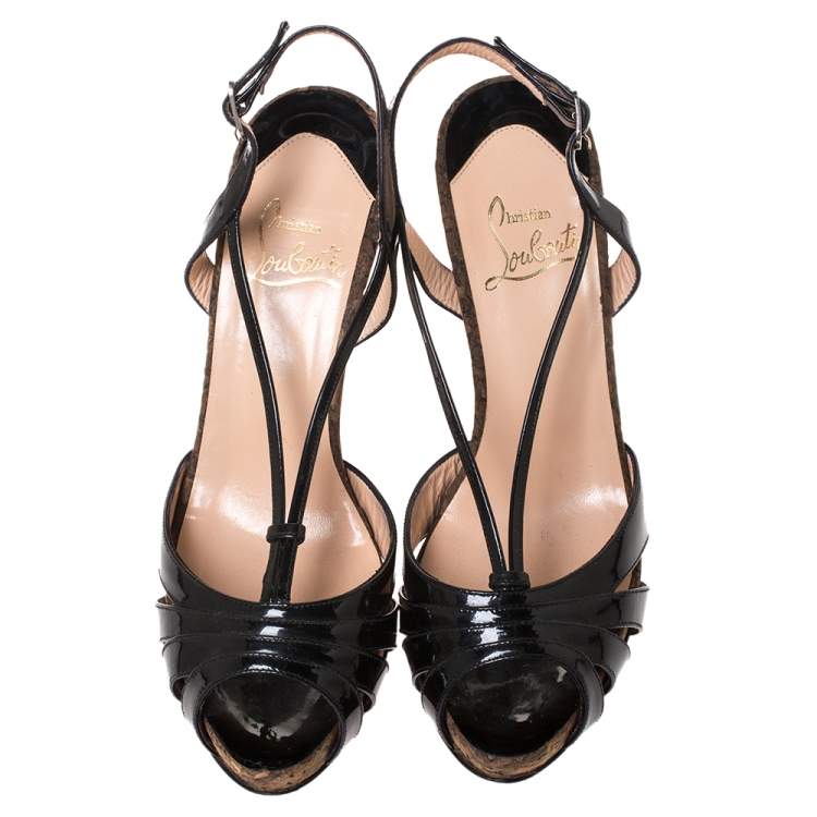 Pre Owned Christian Louboutin Black Patent Leather Activa Cork Sandals Size 38