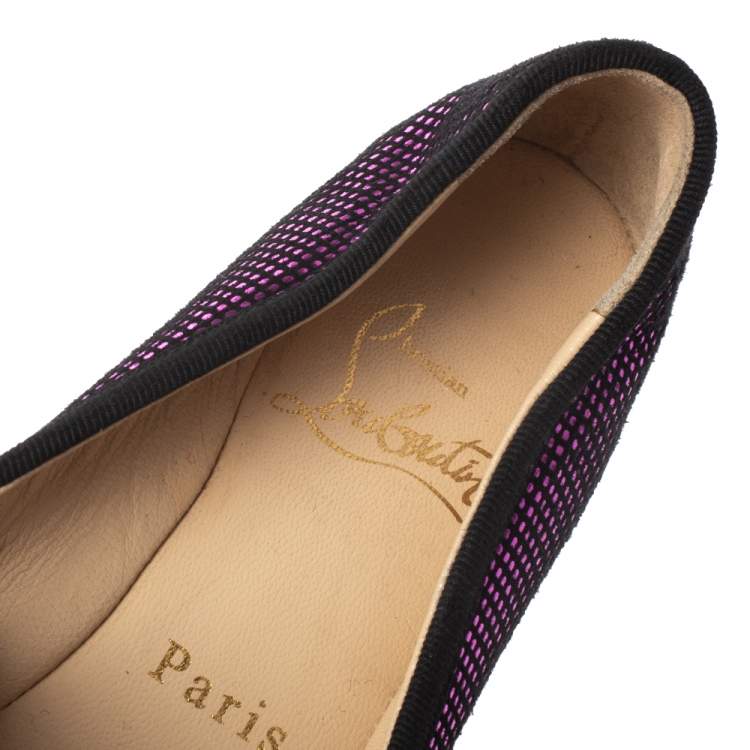 Pre Owned Christian Louboutin Black/Metallic Pink Suede Rosella Bow Ballet Flats Size 37.5