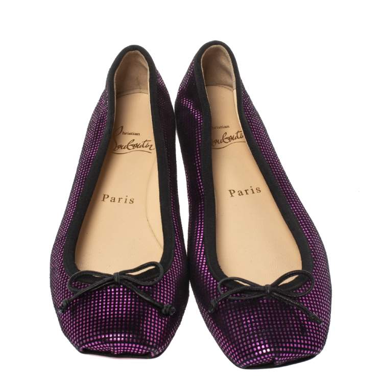 Pre Owned Christian Louboutin Black/Metallic Pink Suede Rosella Bow Ballet Flats Size 37.5