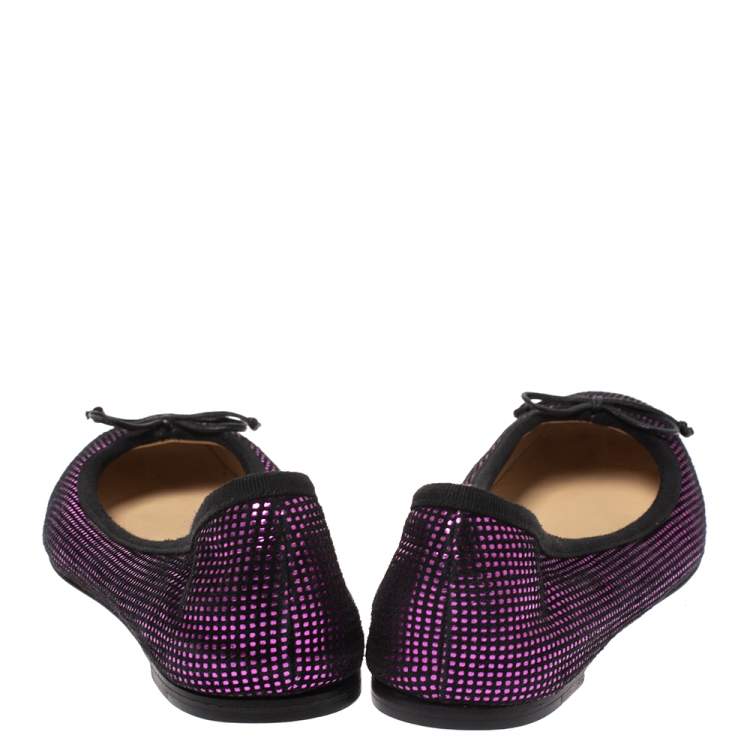 Pre Owned Christian Louboutin Black/Metallic Pink Suede Rosella Bow Ballet Flats Size 37.5