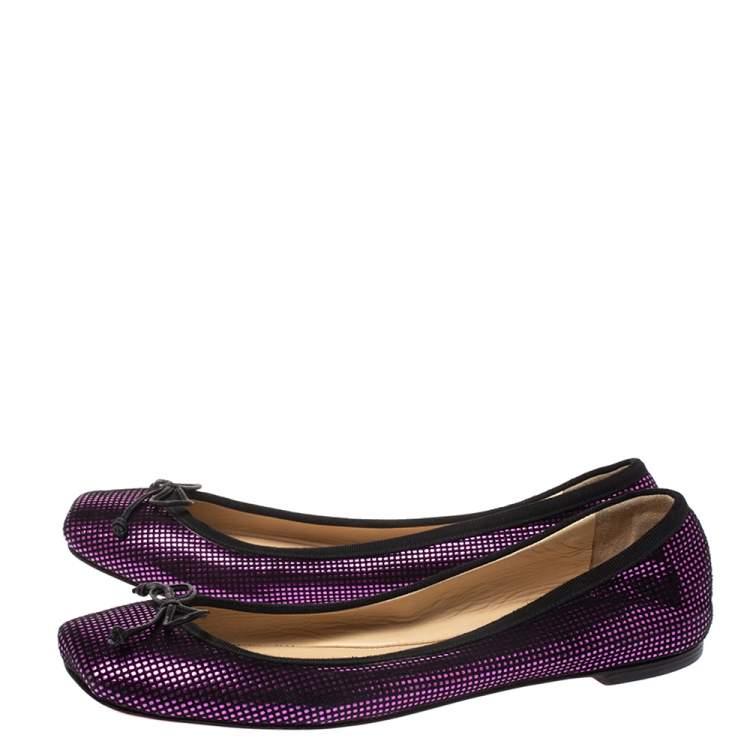 Pre Owned Christian Louboutin Black/Metallic Pink Suede Rosella Bow Ballet Flats Size 37.5