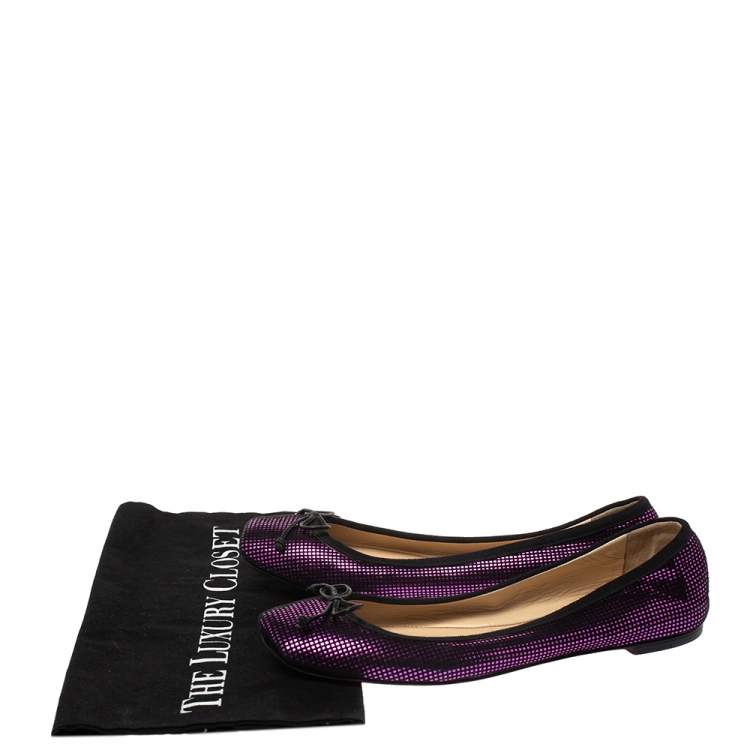 Pre Owned Christian Louboutin Black/Metallic Pink Suede Rosella Bow Ballet Flats Size 37.5