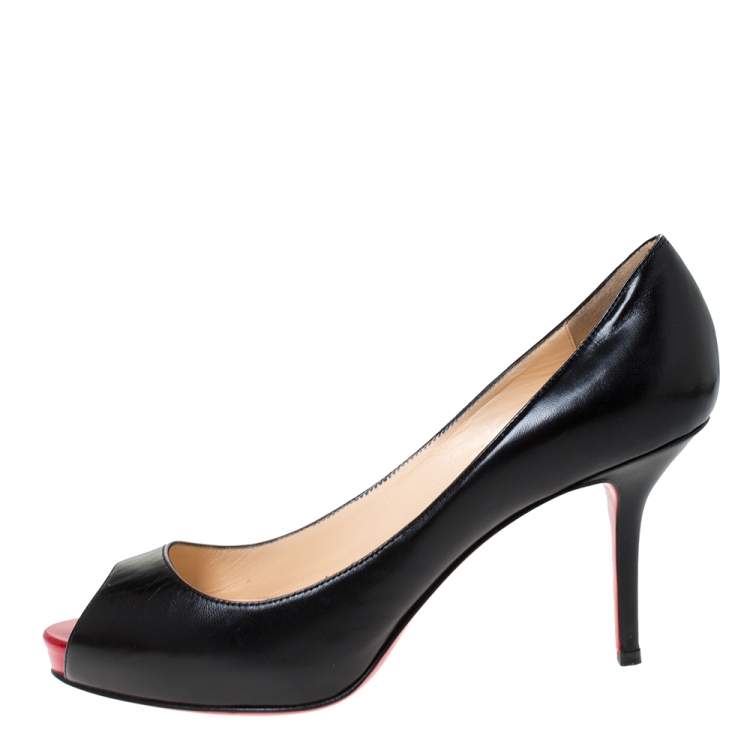 Pre Owned Christian Louboutin Black Leather Flo Peep Toe Pumps Size 38.5