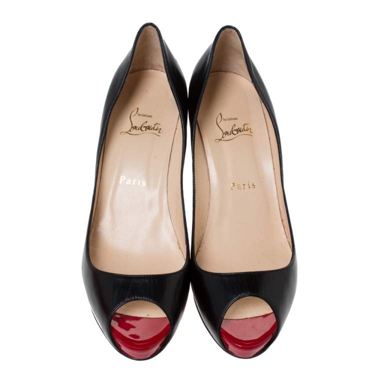 Pre Owned Christian Louboutin Black Leather Flo Peep Toe Pumps Size 38.5