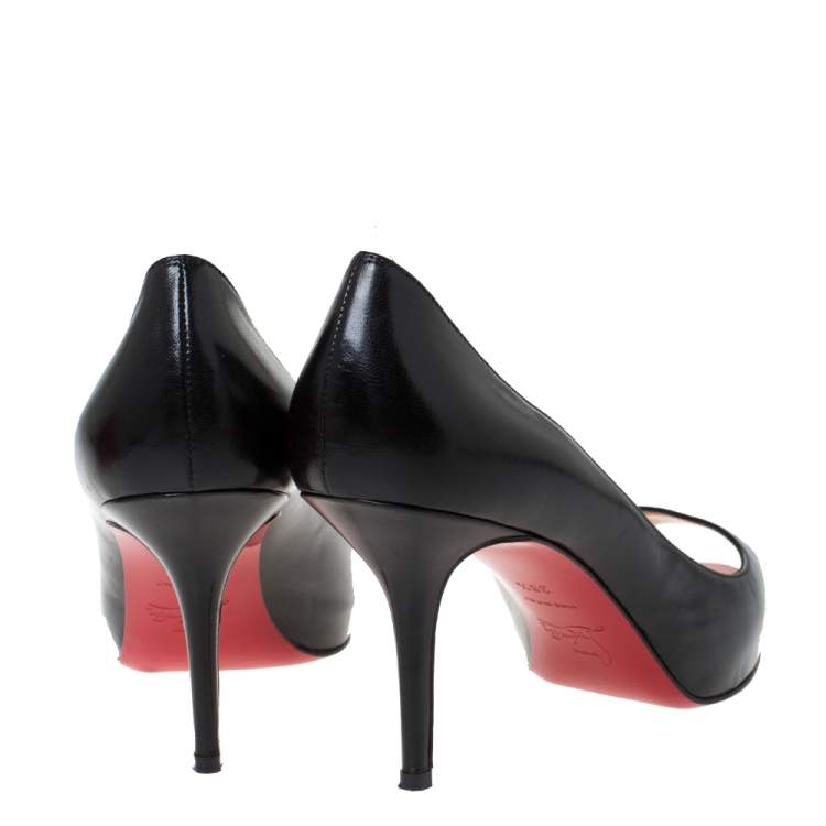 Pre Owned Christian Louboutin Black Leather Flo Peep Toe Pumps Size 38.5
