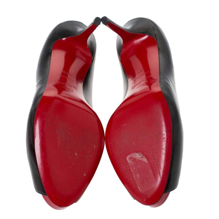 Pre Owned Christian Louboutin Black Leather Flo Peep Toe Pumps Size 38.5