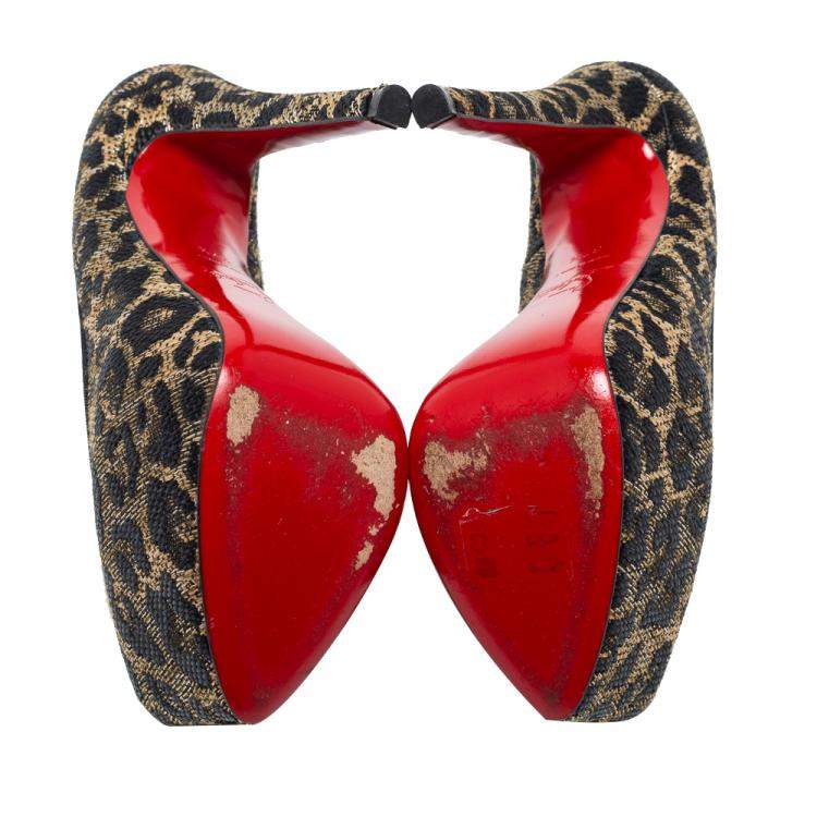 Pre Owned Christian Louboutin Two Tone Leopard Weave Raffia Daffodile Platform Pumps Size 37.5