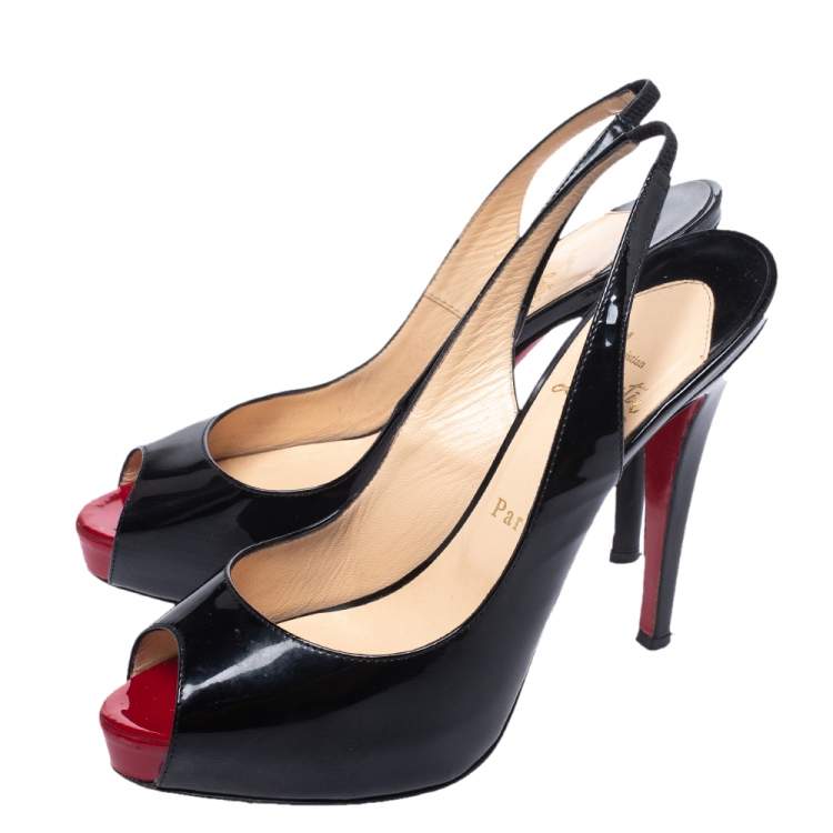 Pre Owned Christian Louboutin Black Patent Leather Private Number Peep Toe Slingback Sandals Size 38.5