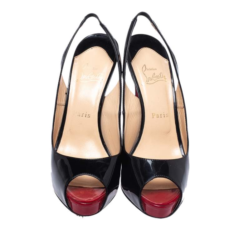 Pre Owned Christian Louboutin Black Patent Leather Private Number Peep Toe Slingback Sandals Size 38.5