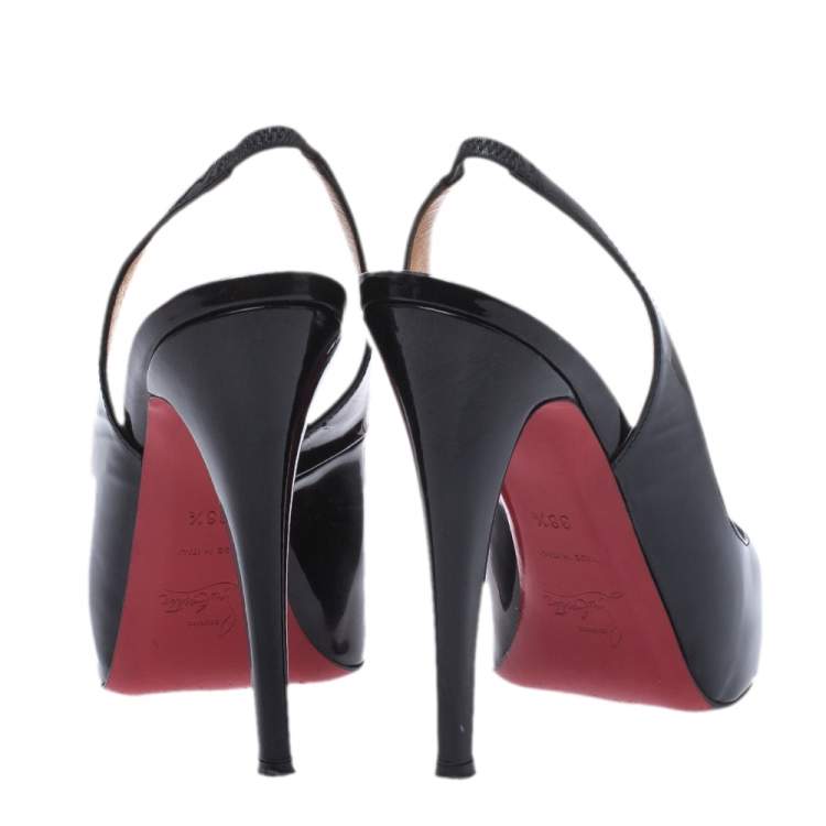 Pre Owned Christian Louboutin Black Patent Leather Private Number Peep Toe Slingback Sandals Size 38.5