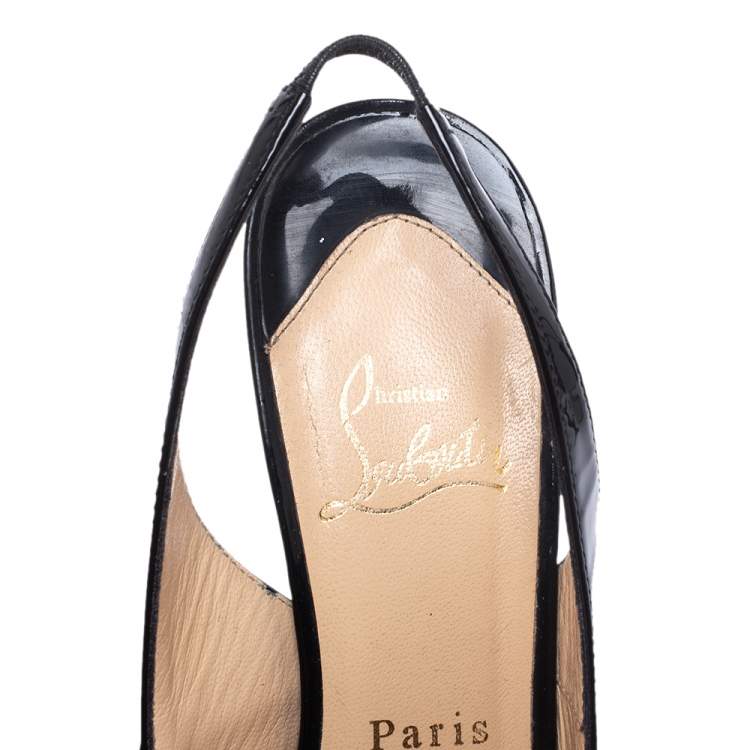 Pre Owned Christian Louboutin Black Patent Leather Private Number Peep Toe Slingback Sandals Size 38.5