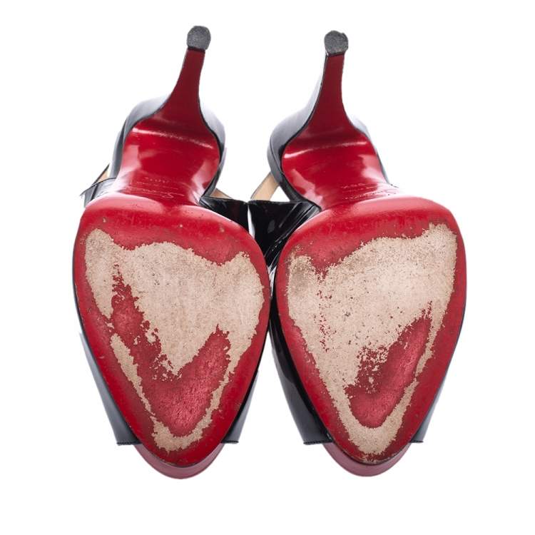 Pre Owned Christian Louboutin Black Patent Leather Private Number Peep Toe Slingback Sandals Size 38.5