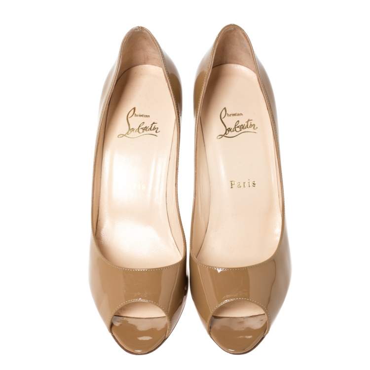 Pre Owned Christian Louboutin Beige Patent Leather Flo Peep Toe Pumps Size 38