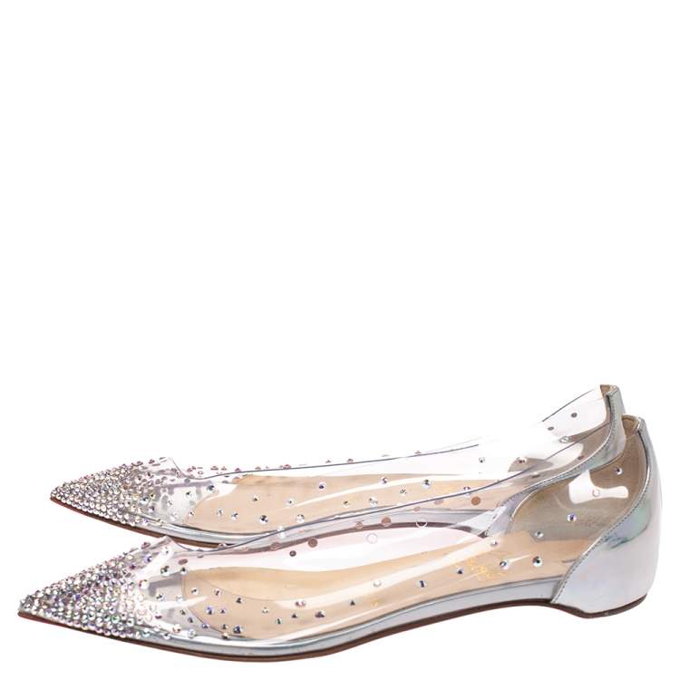 مملوكة مسبقًا Christian Louboutin Metallic Silver Leather And PVC Degrastrass Pointed Toe Ballet Flats Size 35.5