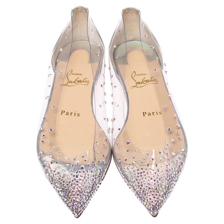 مملوكة مسبقًا Christian Louboutin Metallic Silver Leather And PVC Degrastrass Pointed Toe Ballet Flats Size 35.5