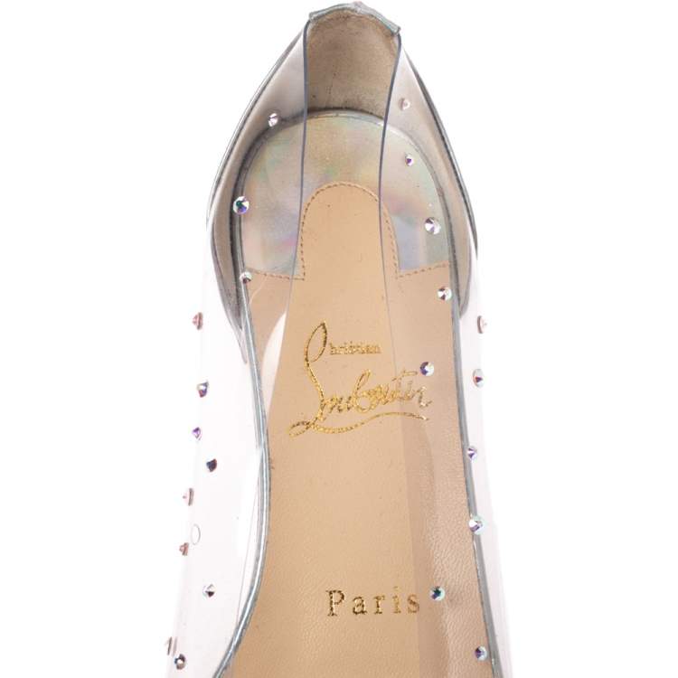 مملوكة مسبقًا Christian Louboutin Metallic Silver Leather And PVC Degrastrass Pointed Toe Ballet Flats Size 35.5