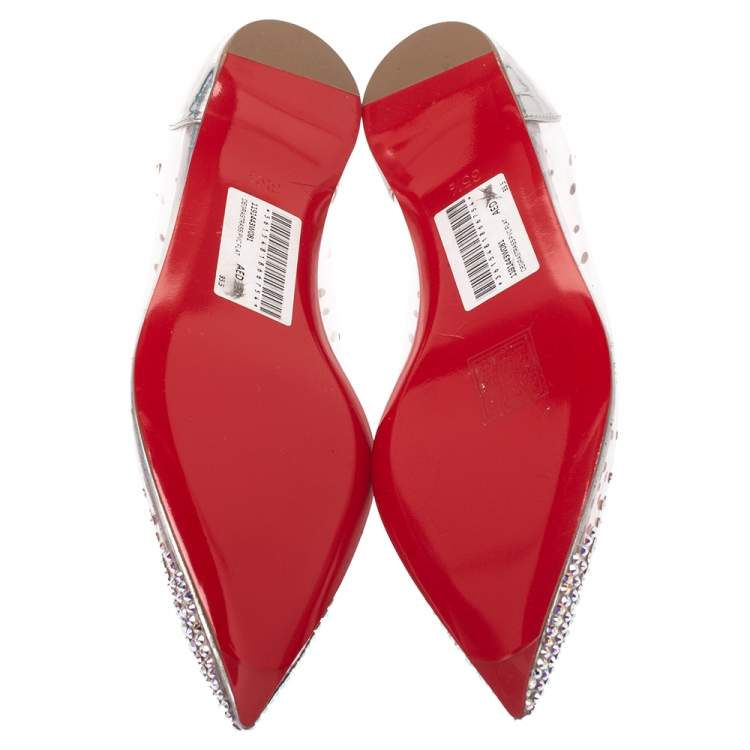 مملوكة مسبقًا Christian Louboutin Metallic Silver Leather And PVC Degrastrass Pointed Toe Ballet Flats Size 35.5