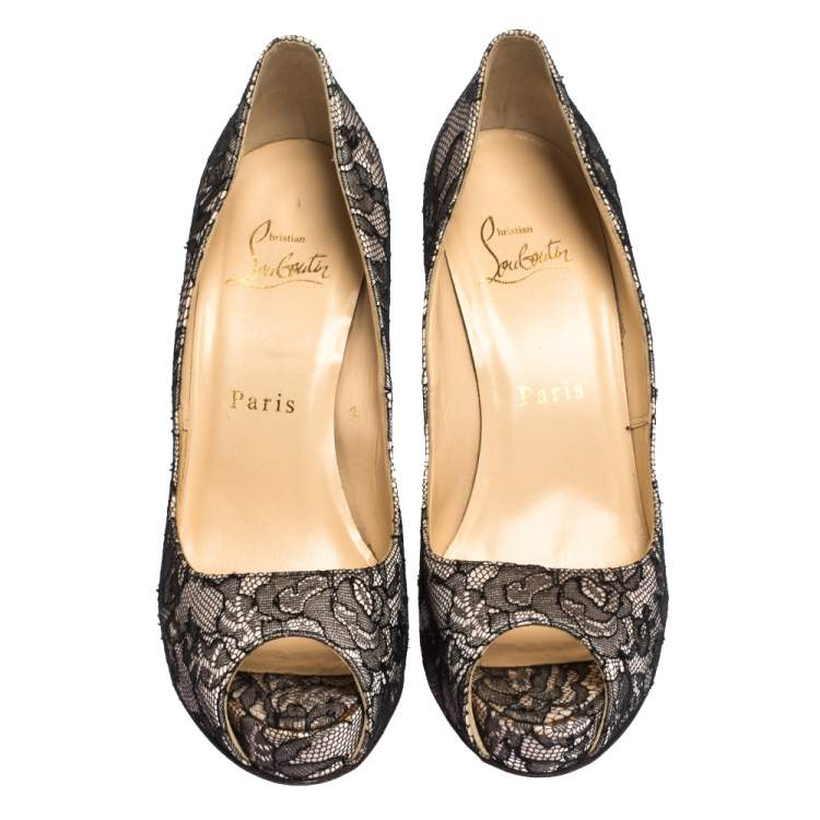 Pre Owned Christian Louboutin Black Lace and Satin Very Prive Peep Toe Pumps Size 36