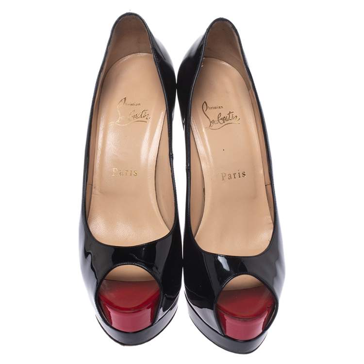 Pre Owned Christian Louboutin Black Patent Leather Palais Royal Peep Toe Platform Pumps Size 38.5