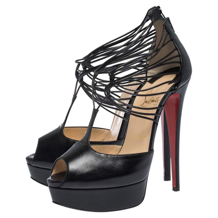 Pre Owned Christian Louboutin Black Leather Strappy Confusalta Platform Sandals Size 38