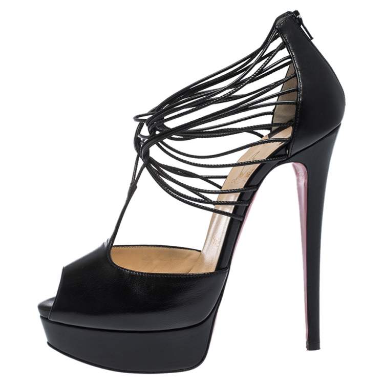 Pre Owned Christian Louboutin Black Leather Strappy Confusalta Platform Sandals Size 38