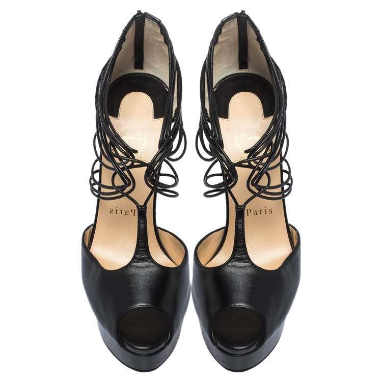 Pre Owned Christian Louboutin Black Leather Strappy Confusalta Platform Sandals Size 38