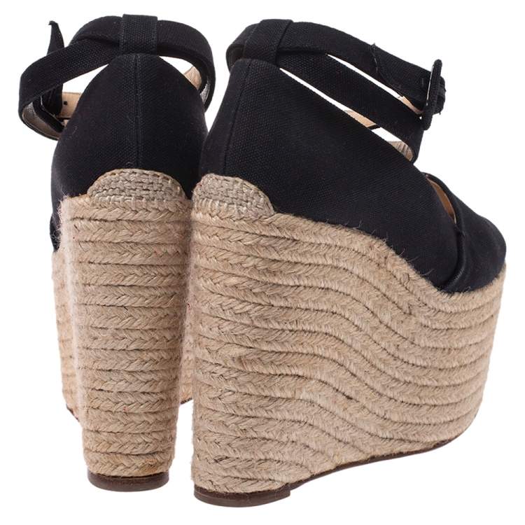 Pre Owned Christian Louboutin Black Canvas Dehia Espadrille Platform Pumps Size 38