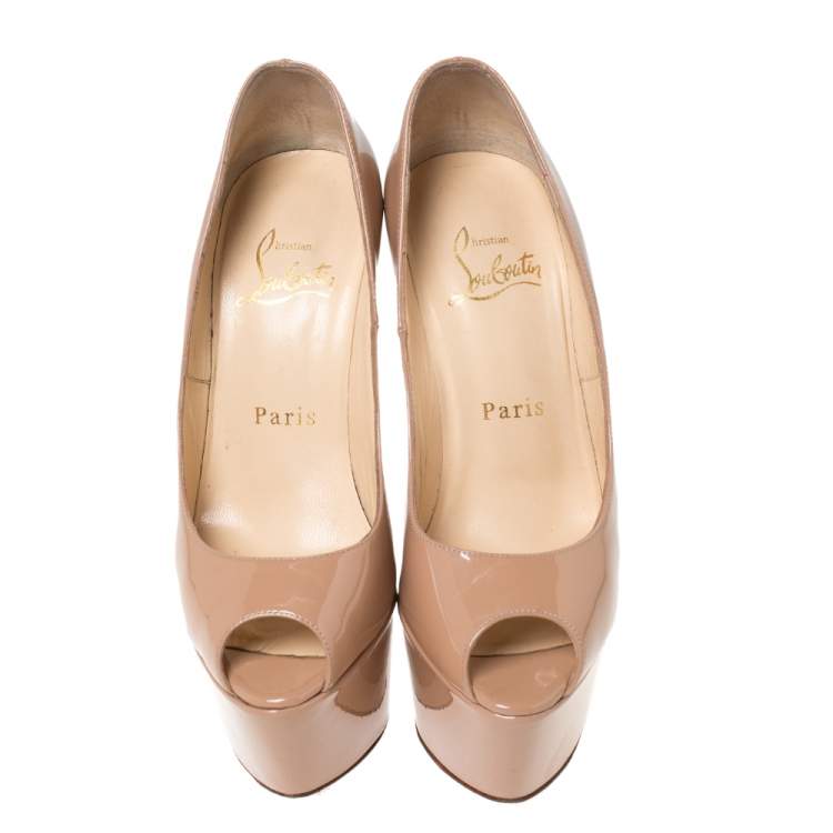 Pre Owned Christian Louboutin Beige Patent Leather Jamie Peep Toe Platform Pumps Size 34.5