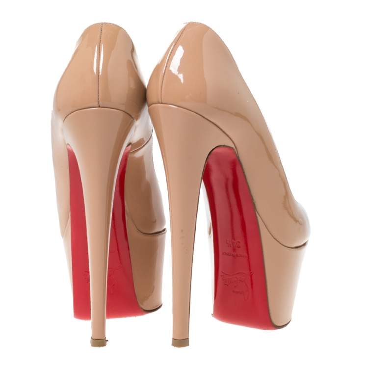 Pre Owned Christian Louboutin Beige Patent Leather Jamie Peep Toe Platform Pumps Size 34.5
