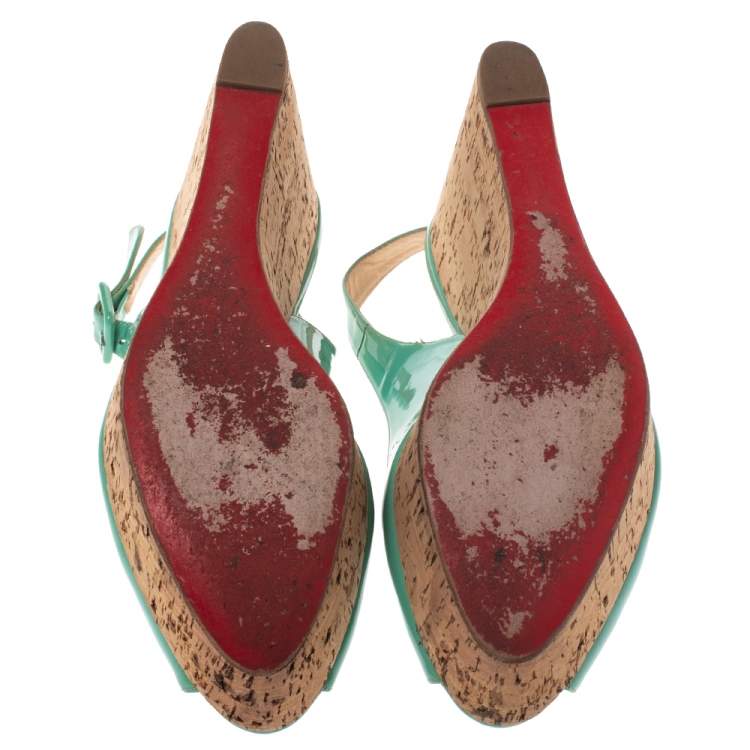 Pre Owned Christian Louboutin Mint Green Patent Leather Cork Wedges Slingback Sandals Size 40