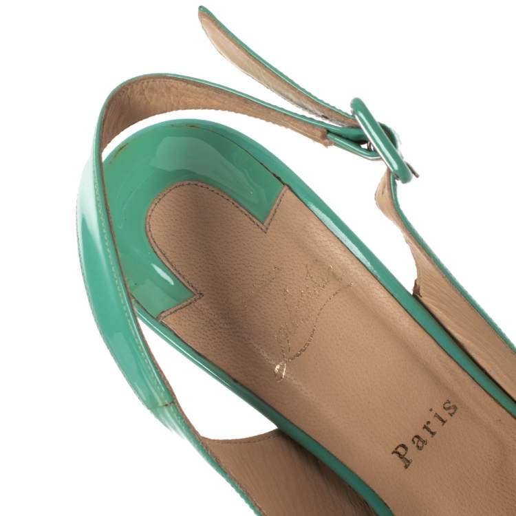 Pre Owned Christian Louboutin Mint Green Patent Leather Cork Wedges Slingback Sandals Size 40