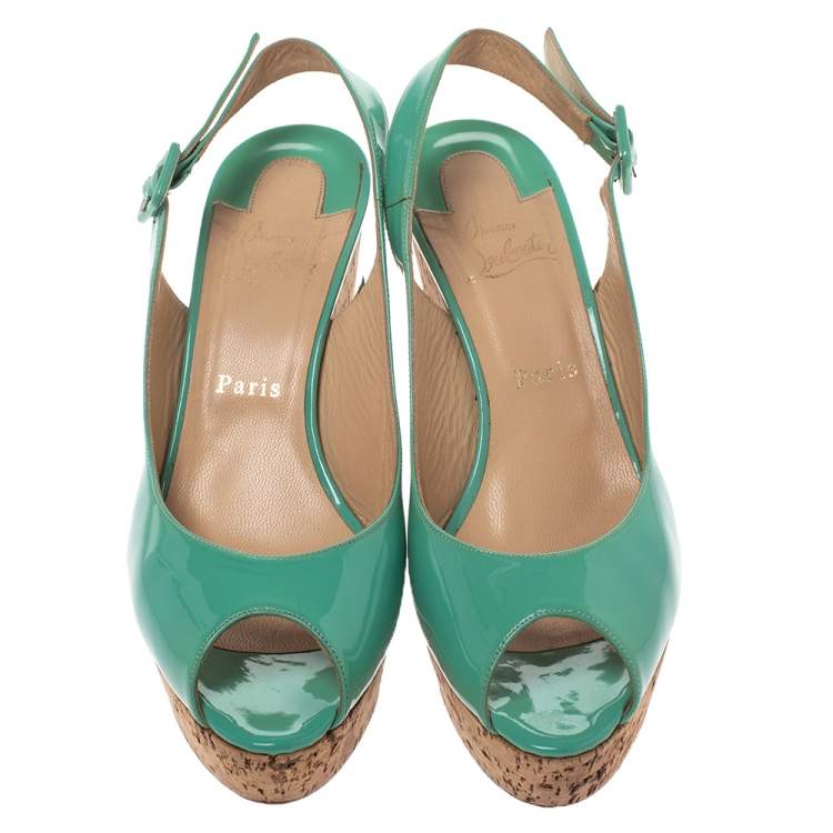 Pre Owned Christian Louboutin Mint Green Patent Leather Cork Wedges Slingback Sandals Size 40