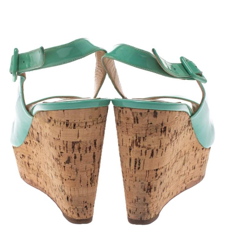 Pre Owned Christian Louboutin Mint Green Patent Leather Cork Wedges Slingback Sandals Size 40