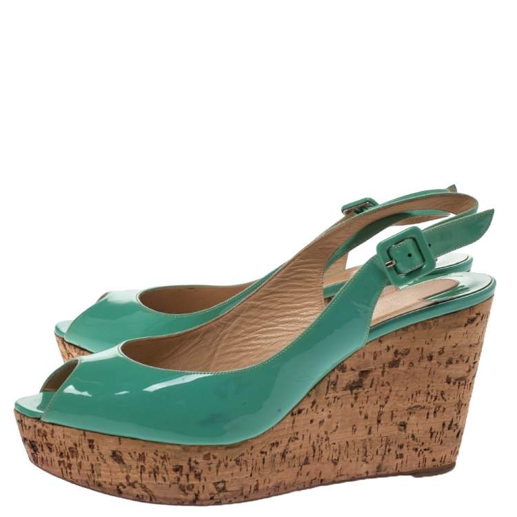 Pre Owned Christian Louboutin Mint Green Patent Leather Cork Wedges Slingback Sandals Size 40