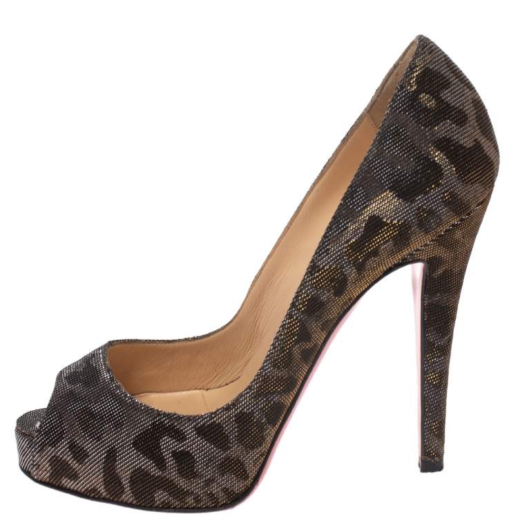 Pre Owned Christian Louboutin Metallic Leopard Print Lame Fabric Very Prive Peep Toe Pumps Size 36