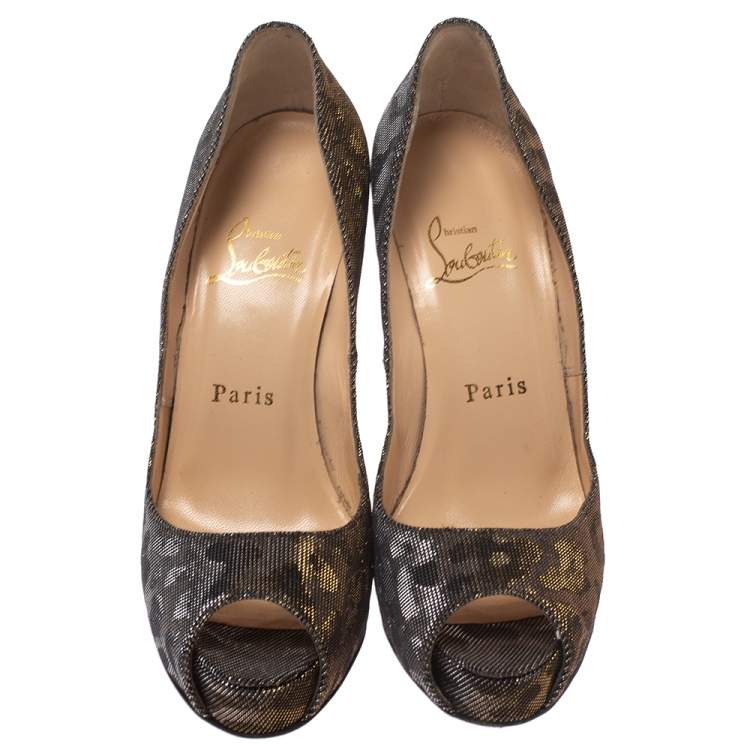 Pre Owned Christian Louboutin Metallic Leopard Print Lame Fabric Very Prive Peep Toe Pumps Size 36